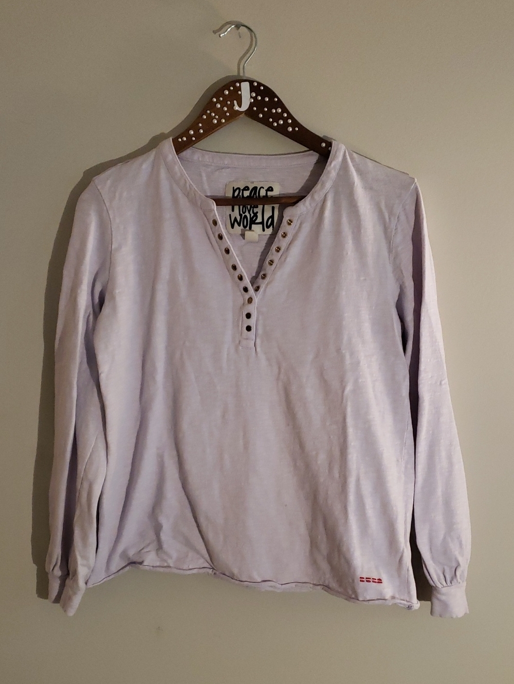 Peace Love World Lavender Long Sleeve Henley with Stud Detail